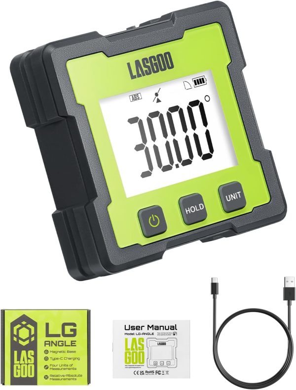 LASGOO Digital Angle Finder Rechargeable Magnetic Inclinometer LCD-0